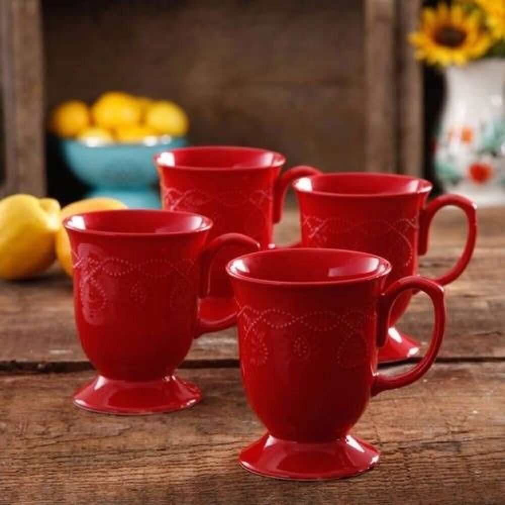 Pioneer Woman Cowgirl Lace 4Pc Mug Set 14oz Ceramic Red New